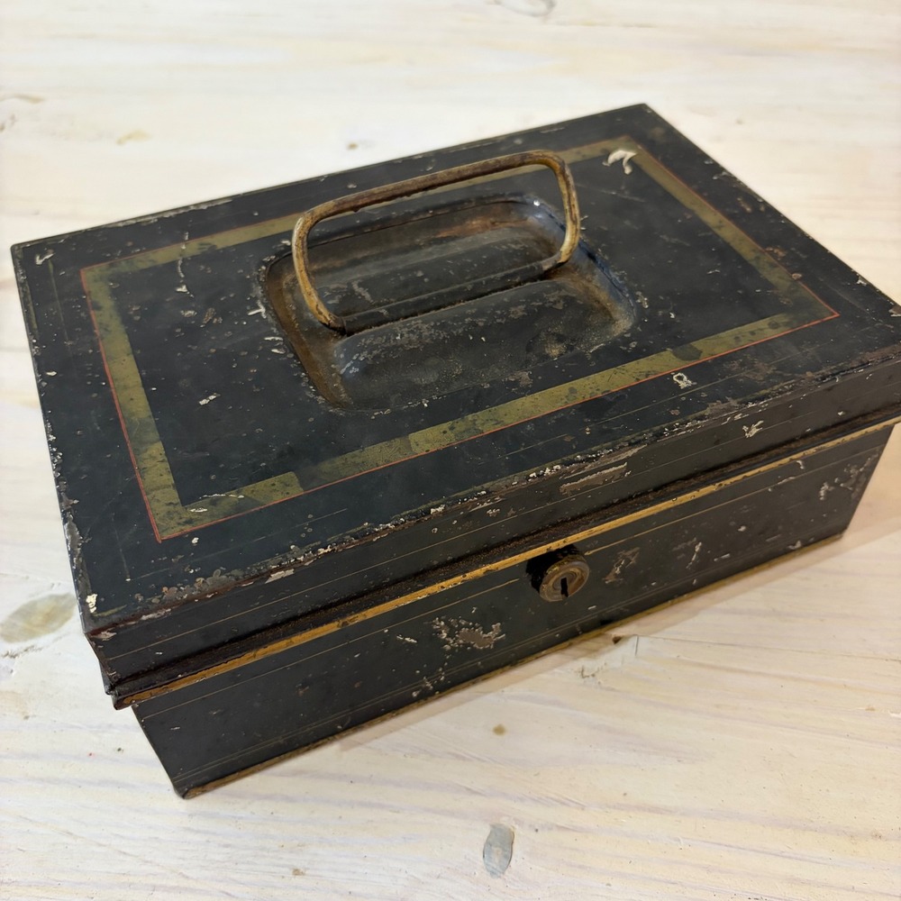Antique Victorian Tin Cash Box Black Japanned Document Deed Box Gold Pinstripe
